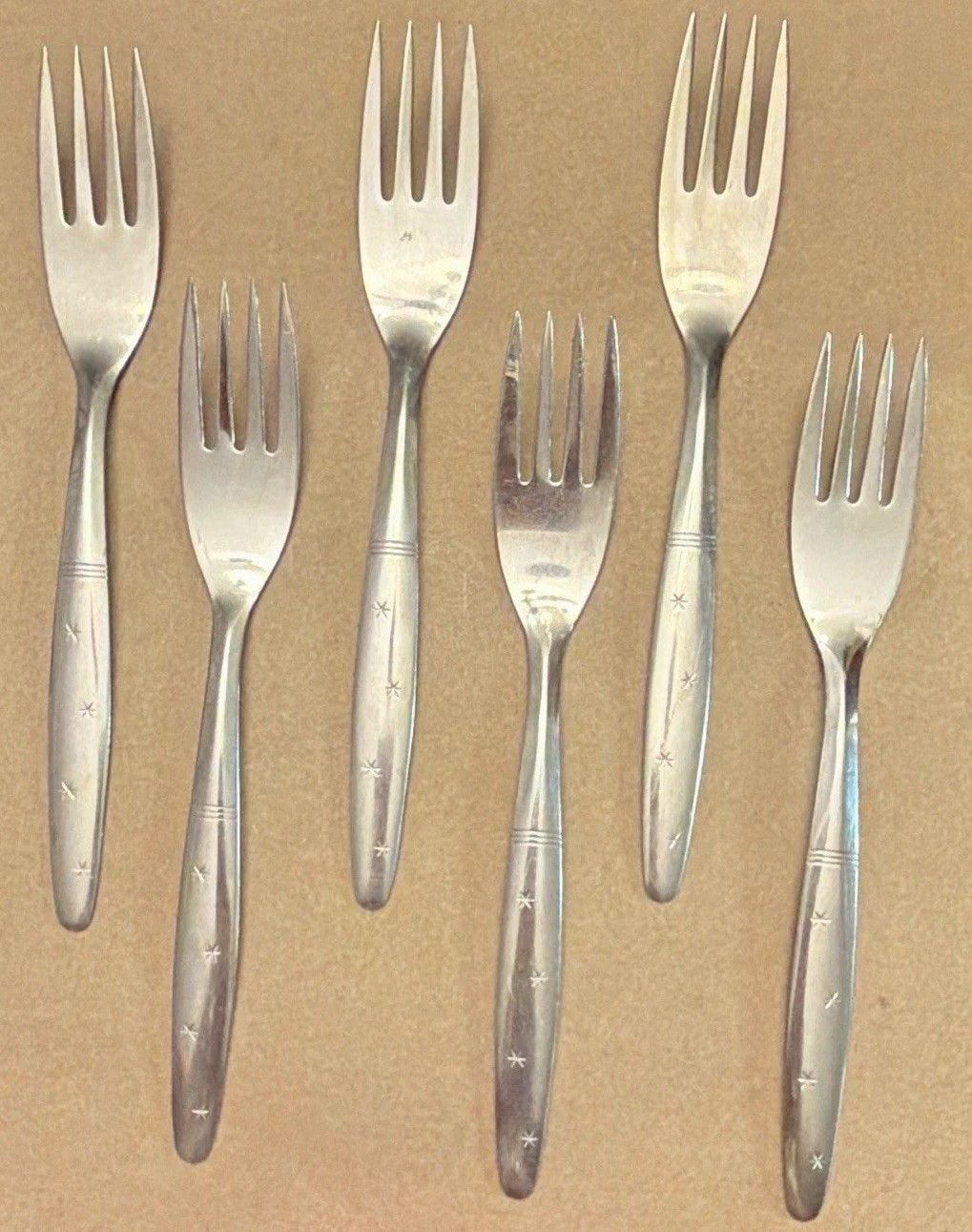 Starflyte Washington Forge Stainless Starburst 7.5”Dinner Forks MCM 6-pc VTG 1