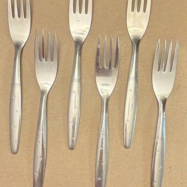 Starflyte Washington Forge Stainless Starburst 7.5”Dinner Forks MCM  6-pc VTG