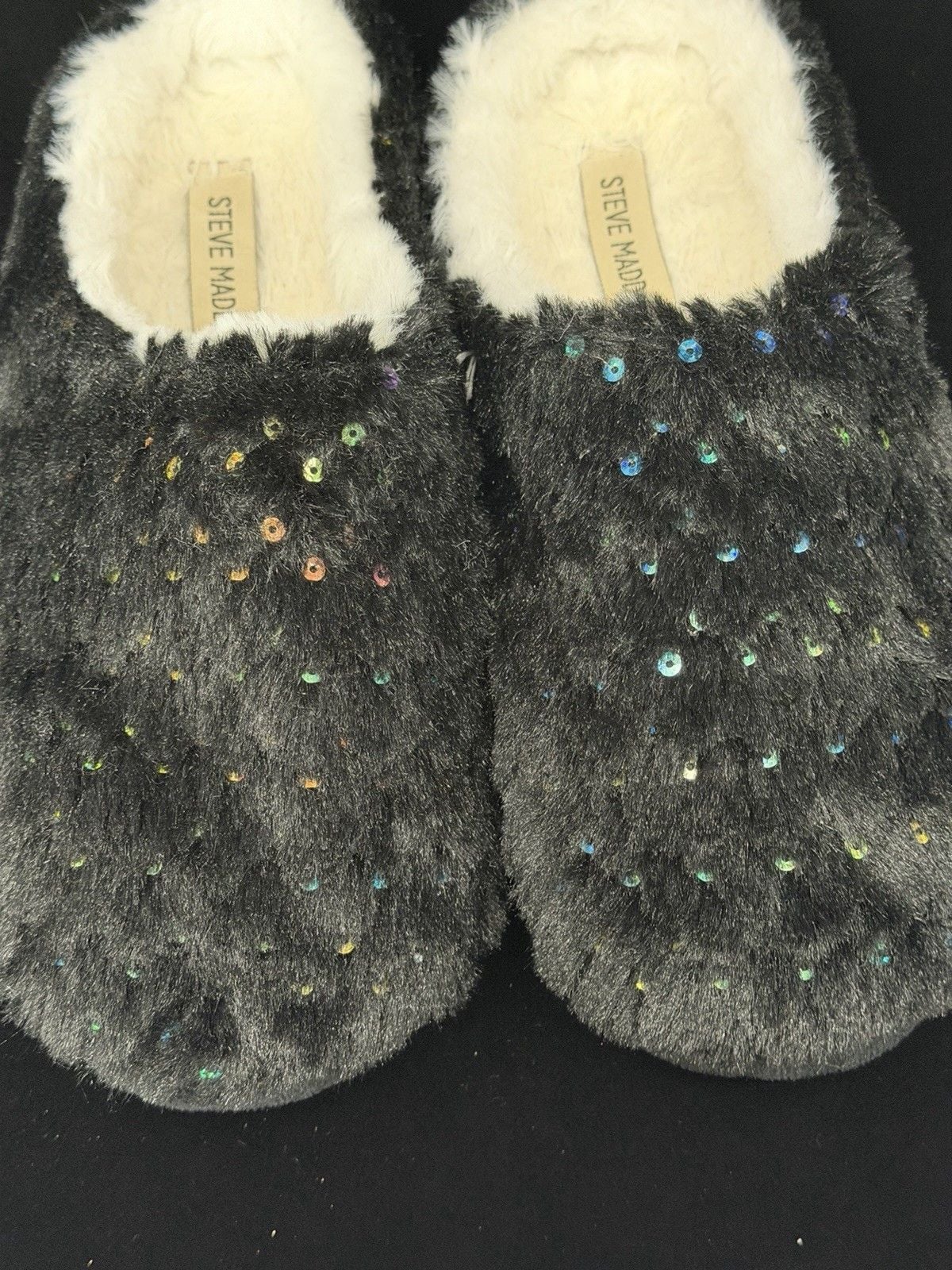 Steve Madden Women’s Black Faux Fur Sequin Slip-On Closed Toe Slippers US 9 9