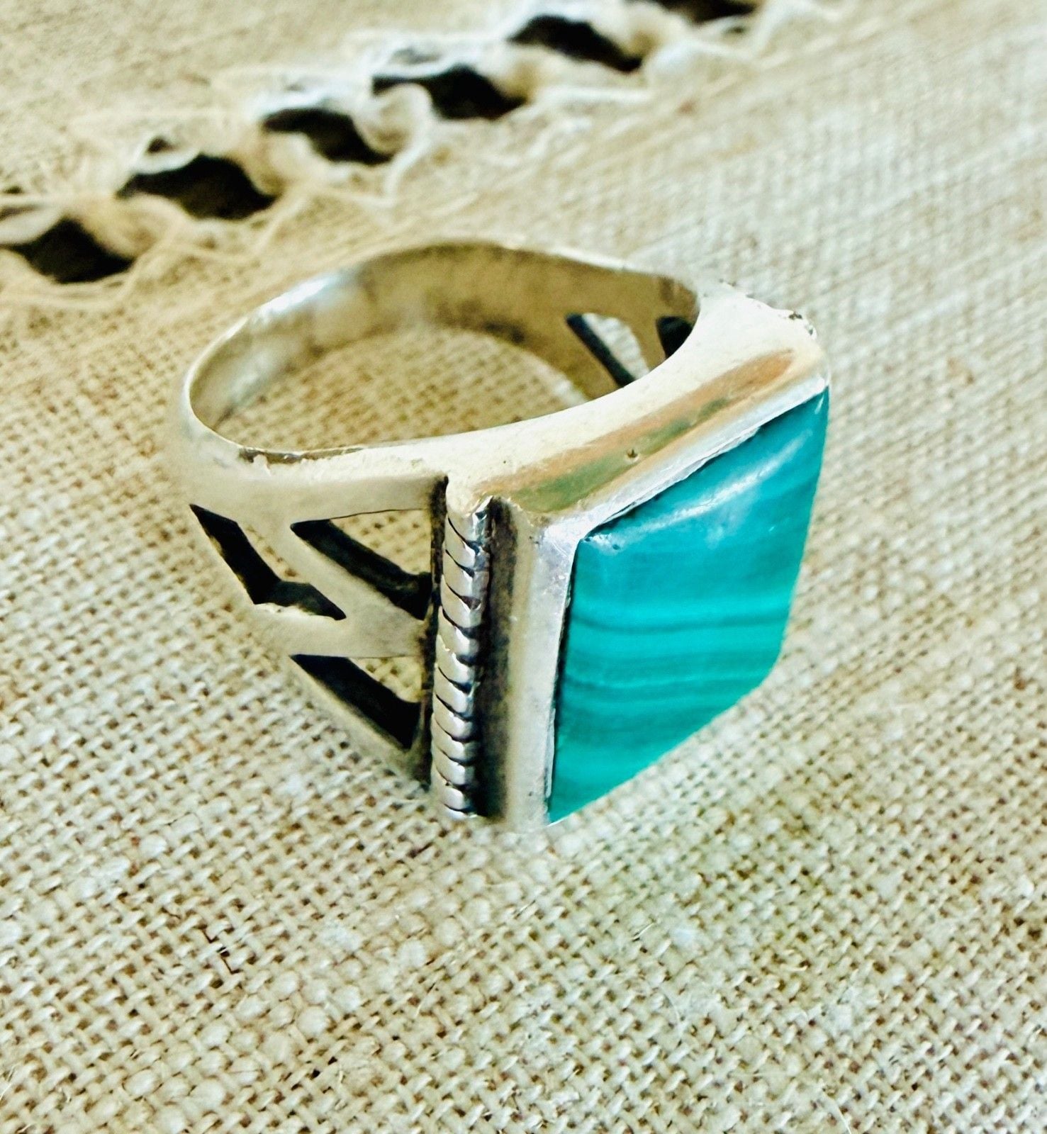 Sterling Silver Large Square Malachite Ring Southwestern Size 7 Statement 9
