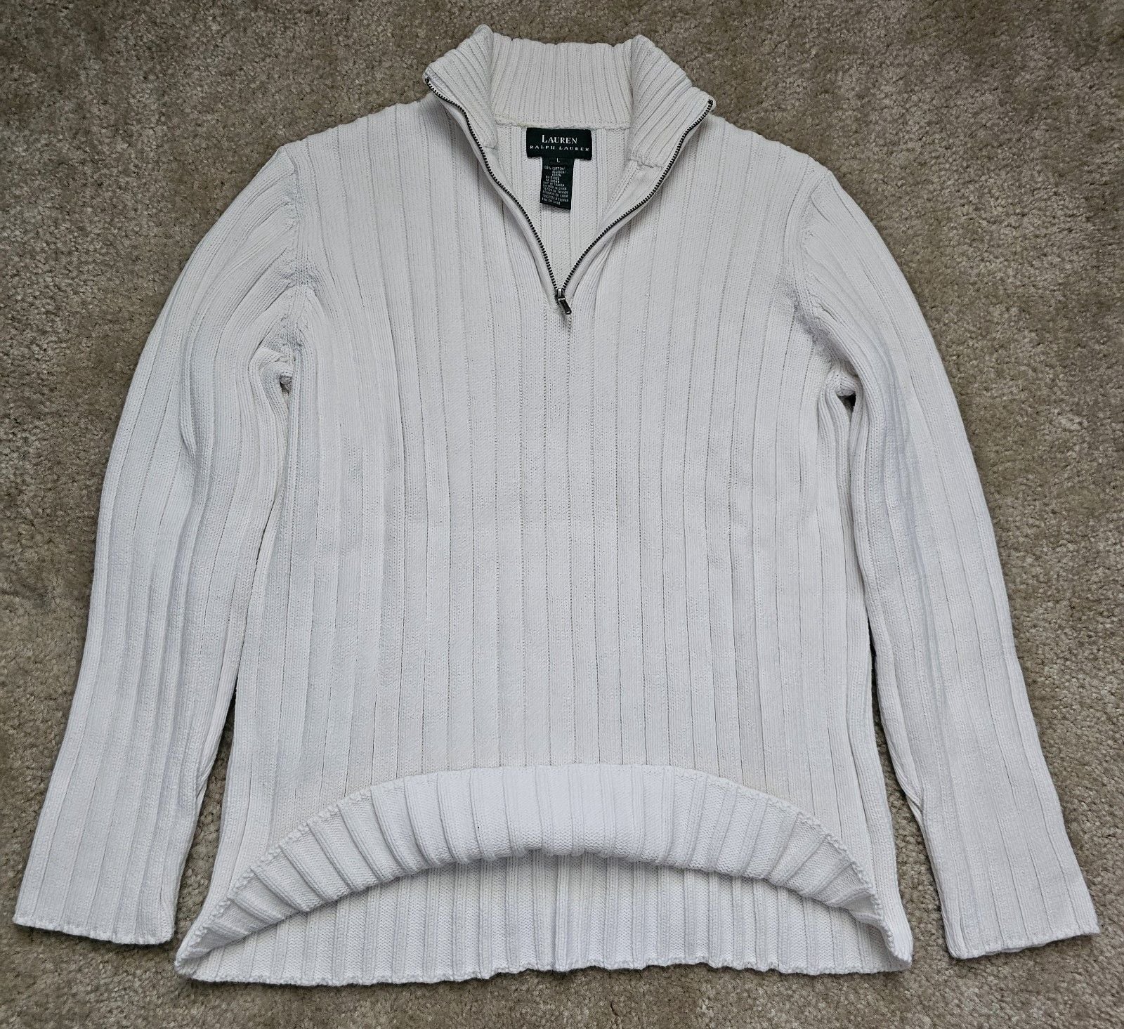 Lauren Ralph Lauren Women L White Ribbed Cotton 1/4 Zip Mock Neck Sweater 5