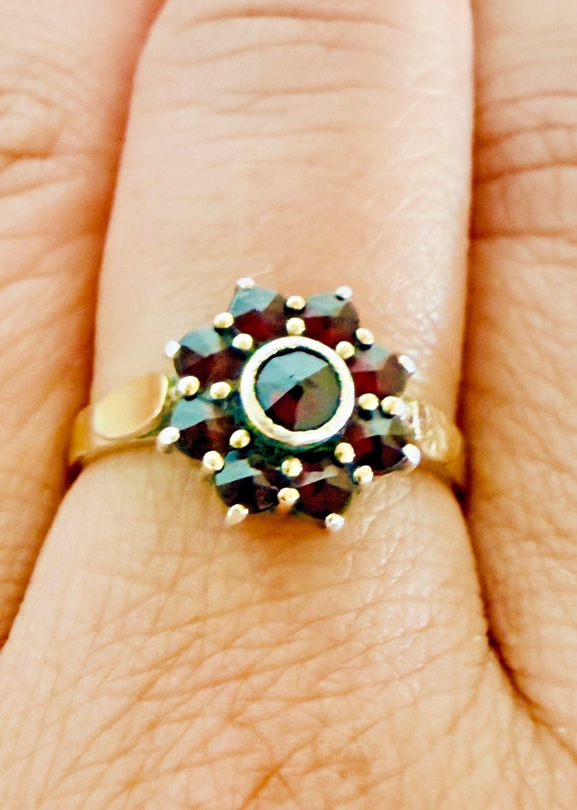 Antique Bohemian Garnet Cluster Ring Silver Gilt Rose Cut Stones Size 6 4