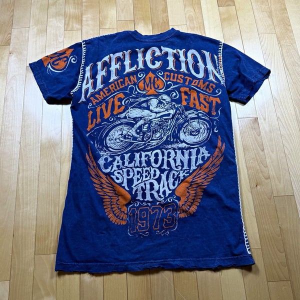 Affliction American Customs T Shirt Mens M Blue Motorcycle 1973 Y2K Made USA