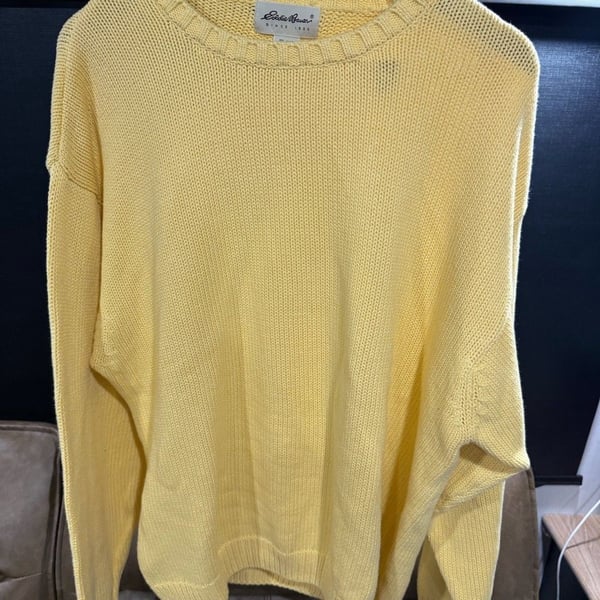 Vtg 90s Eddie Bauer Shaker Knit Cotton Crewneck Sweater Yellow Mens XL Gorpcore