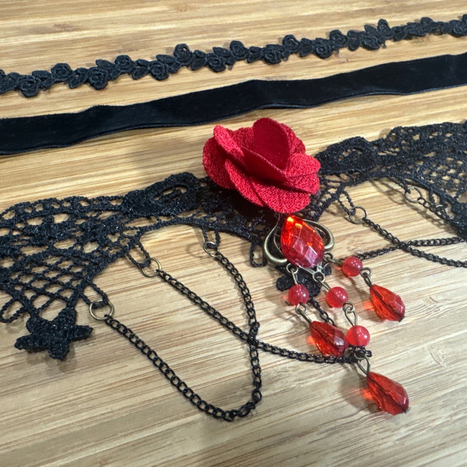 Black Lace and Red Rose Necklace Gothic Vampire Choker Victorian Style Set 3