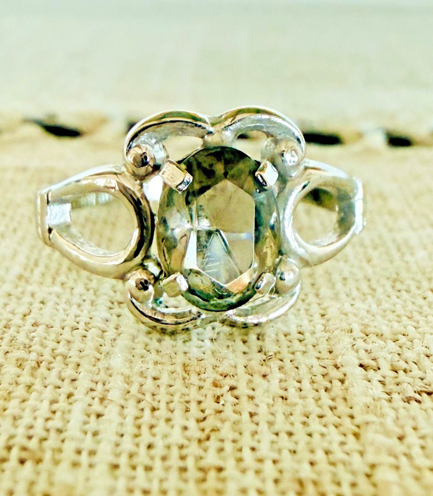 Vintage Rhodium Electroplate Ring Smoky Stone Pierced Shoulders Size 6.5 2