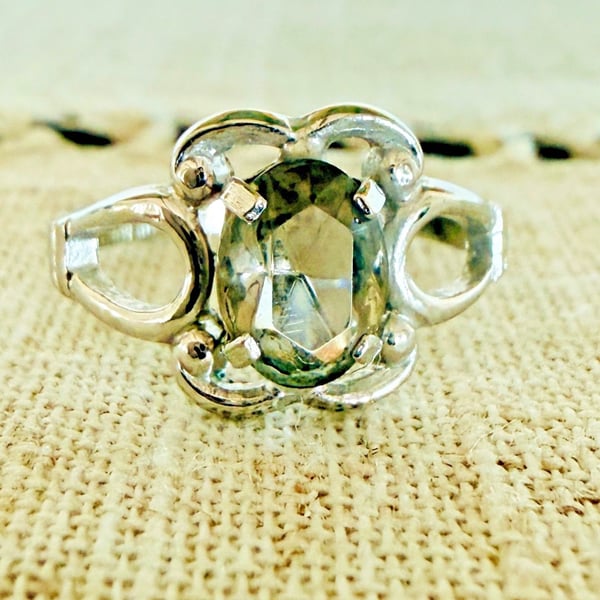 Vintage Rhodium Electroplate Ring Smoky Stone Pierced Shoulders Size 6.5