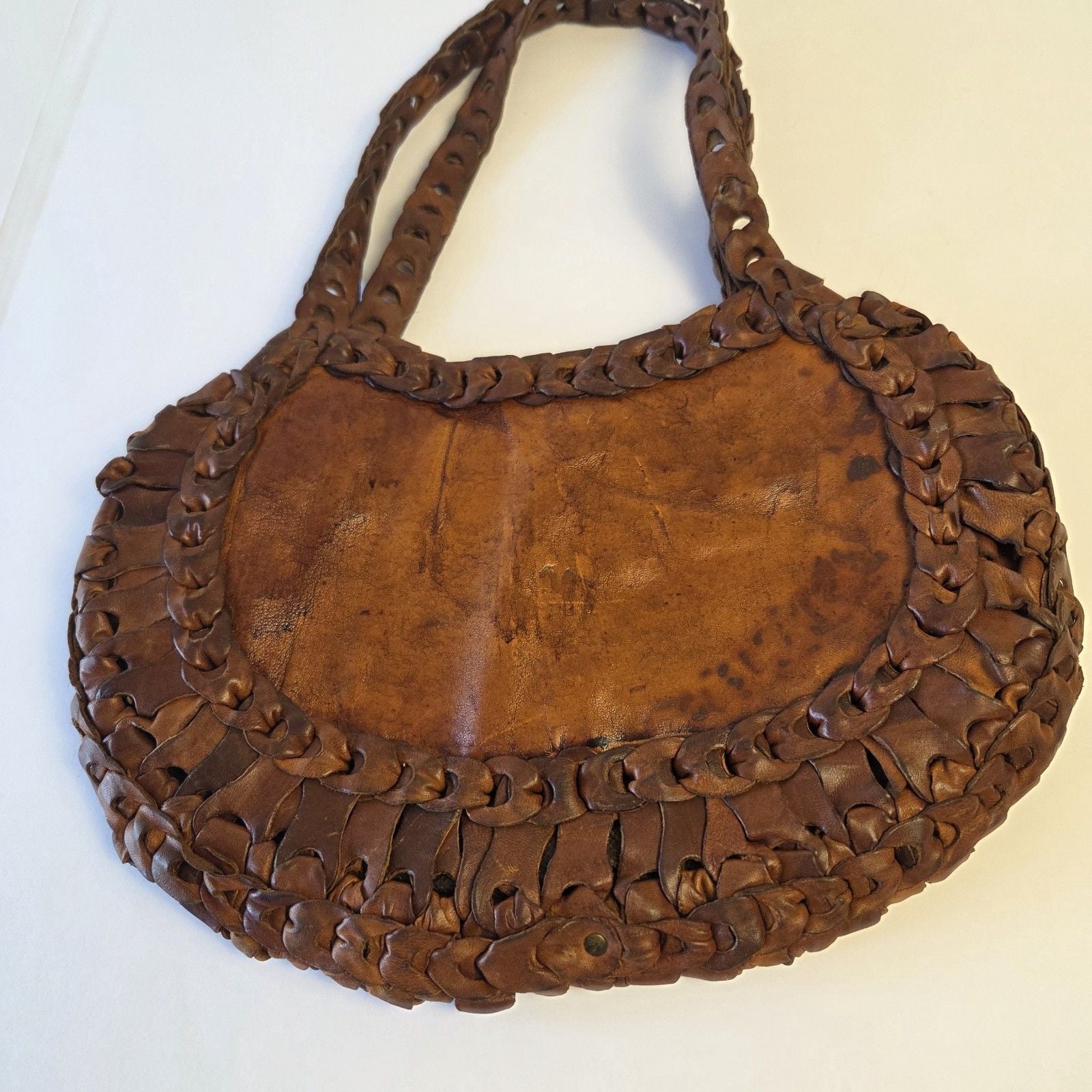 Vimtage 70s Boho Handmade Leather Loop Hippie Purse Moroccan Camel Stamp Tote 6
