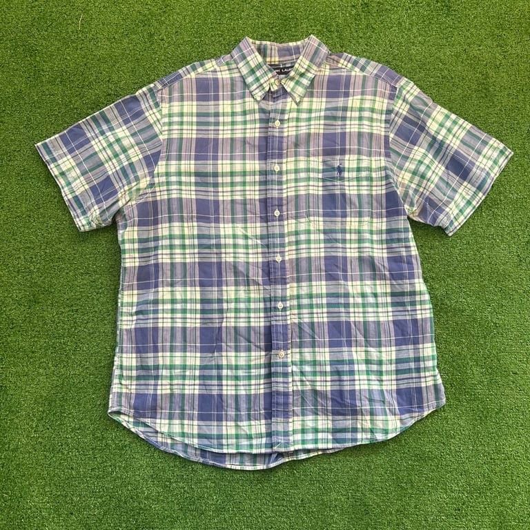 Ralph Lauren Sport Plaid patterned green and blue Short Sleeve button up dress Shirt 7