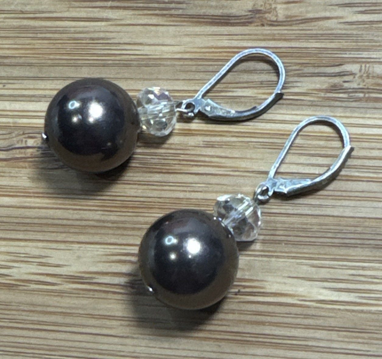 Sterling Silver Bronze Faux Pearl Crystal Dangle Leverback Earrings Marked 925 2