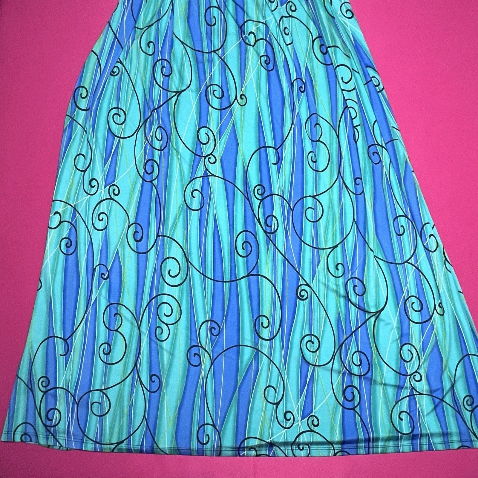 VTG Y2K Young Joy Psychedelic Swirl Print Halter Dress Blue Teal USA S/M 2