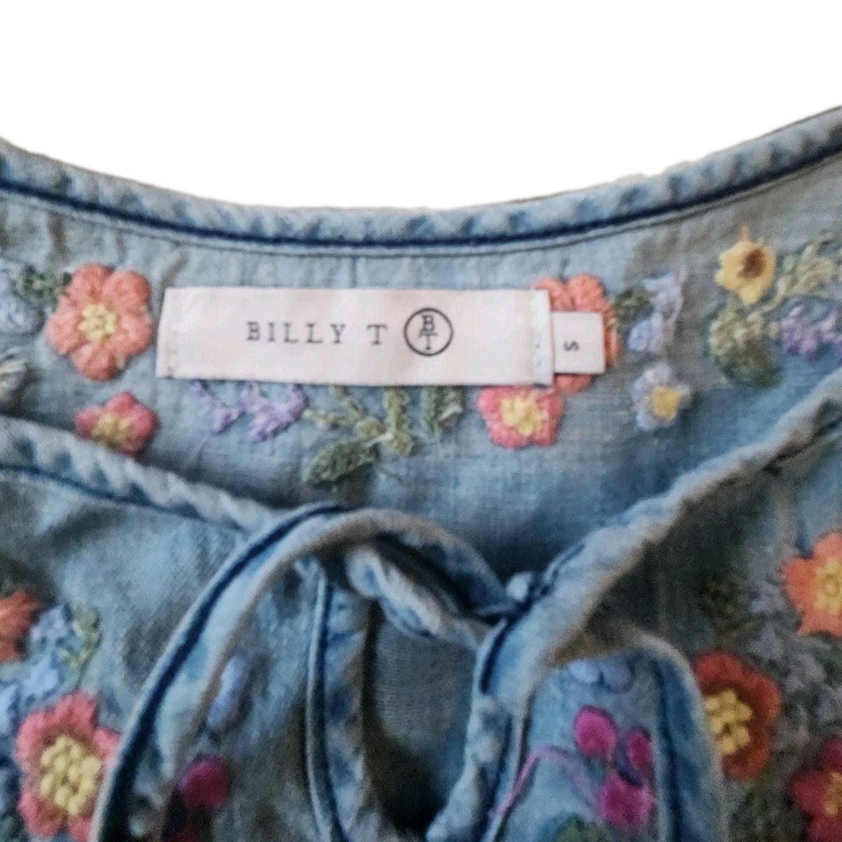 Billy T Petal Song Blue Denim Dress S Embroidered Floral Puff Sleeve BT8026D 4