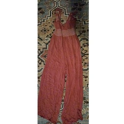 American Eagle Embroidered Smocked Wide Leg Jumpsuit Rust Terracotta Boho Small 3