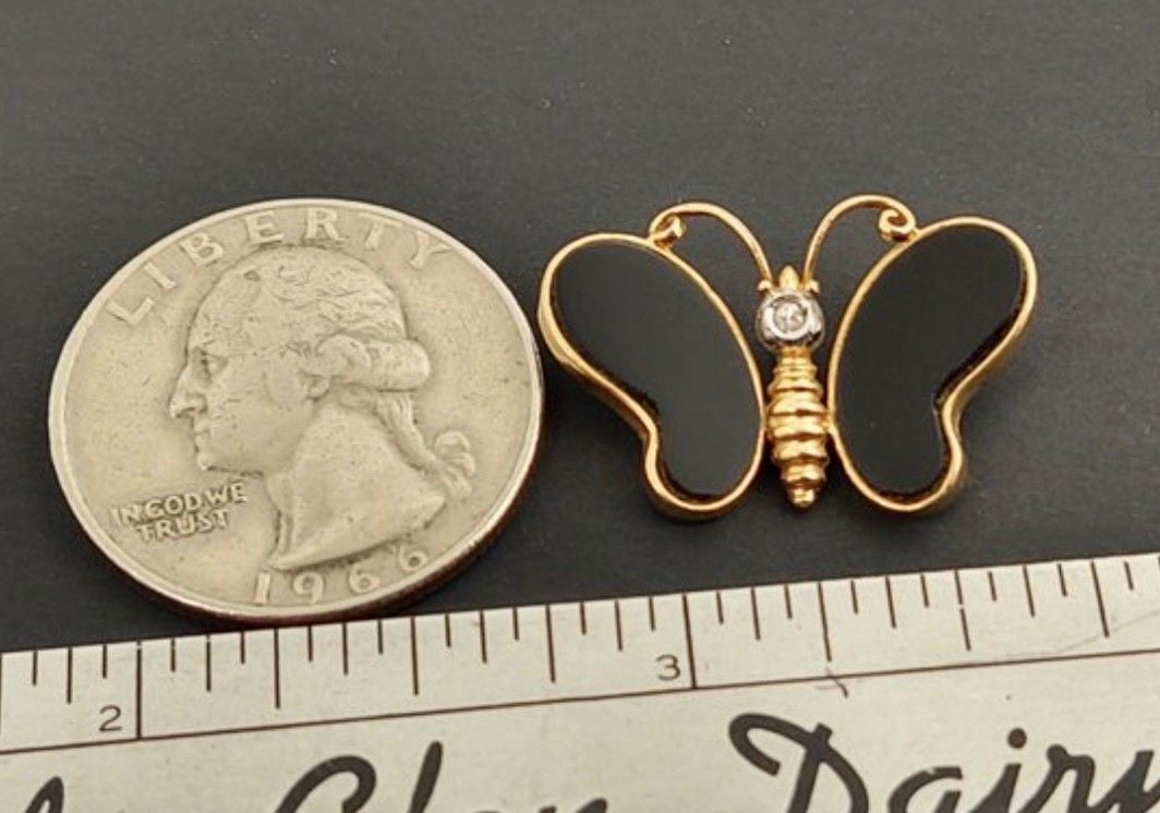 Vintage 14K Gold Black Onyx Butterfly Brooch | Diamond Accent 2.2 g 7