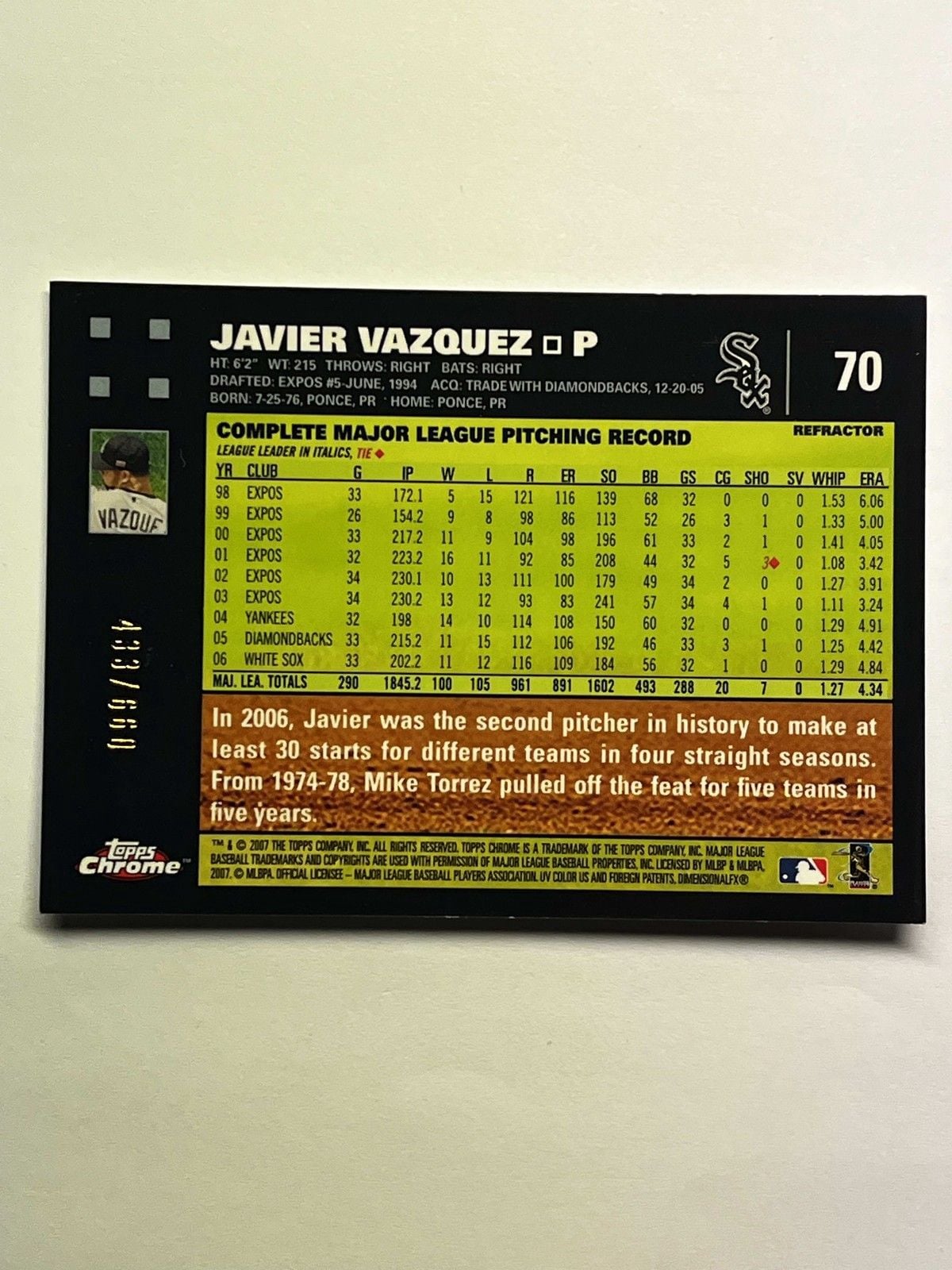 2007 Topps Chrome Javier Vazquez #70 White Refractors /660 Chicago White Sox 2