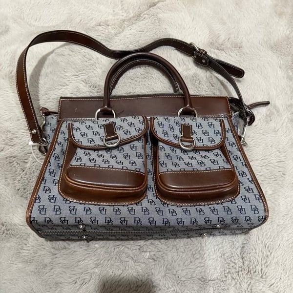 Authentic Dooney & Bourke Signature Handbag with Leather Trim Double Pocket Satchel