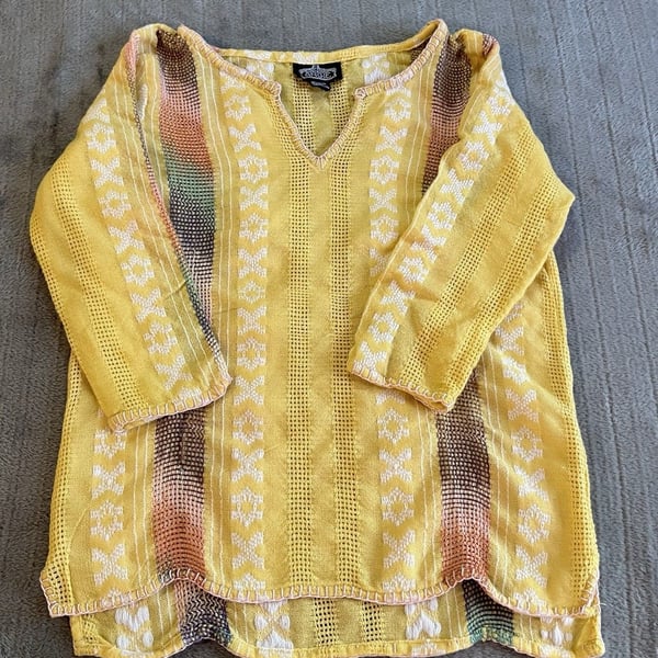 Women’s Angie Yellow Crochet Embroidered V-Neck Tunic Top 3/4 Sleeves Sz Large