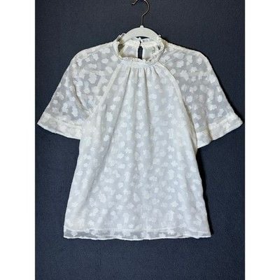 Anthropologie Feather Bone XS White Clip Dot Feminine Ruffle Neck Blouse Boho 2