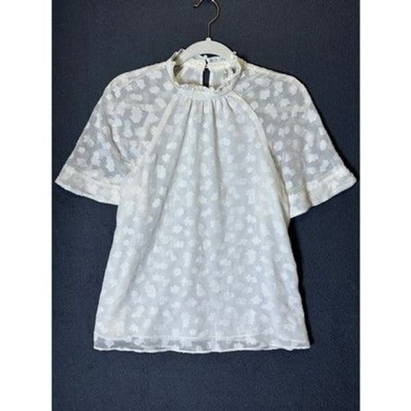 Anthropologie Feather Bone XS White Clip Dot Feminine Ruffle Neck Blouse Boho