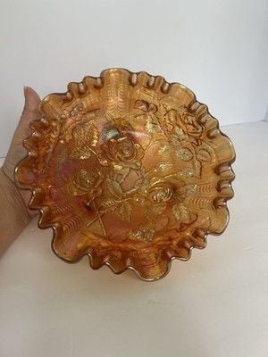 Vintage Imperial Glass Open Rose Marigold Carnival Glass 3 footed bowl 7
