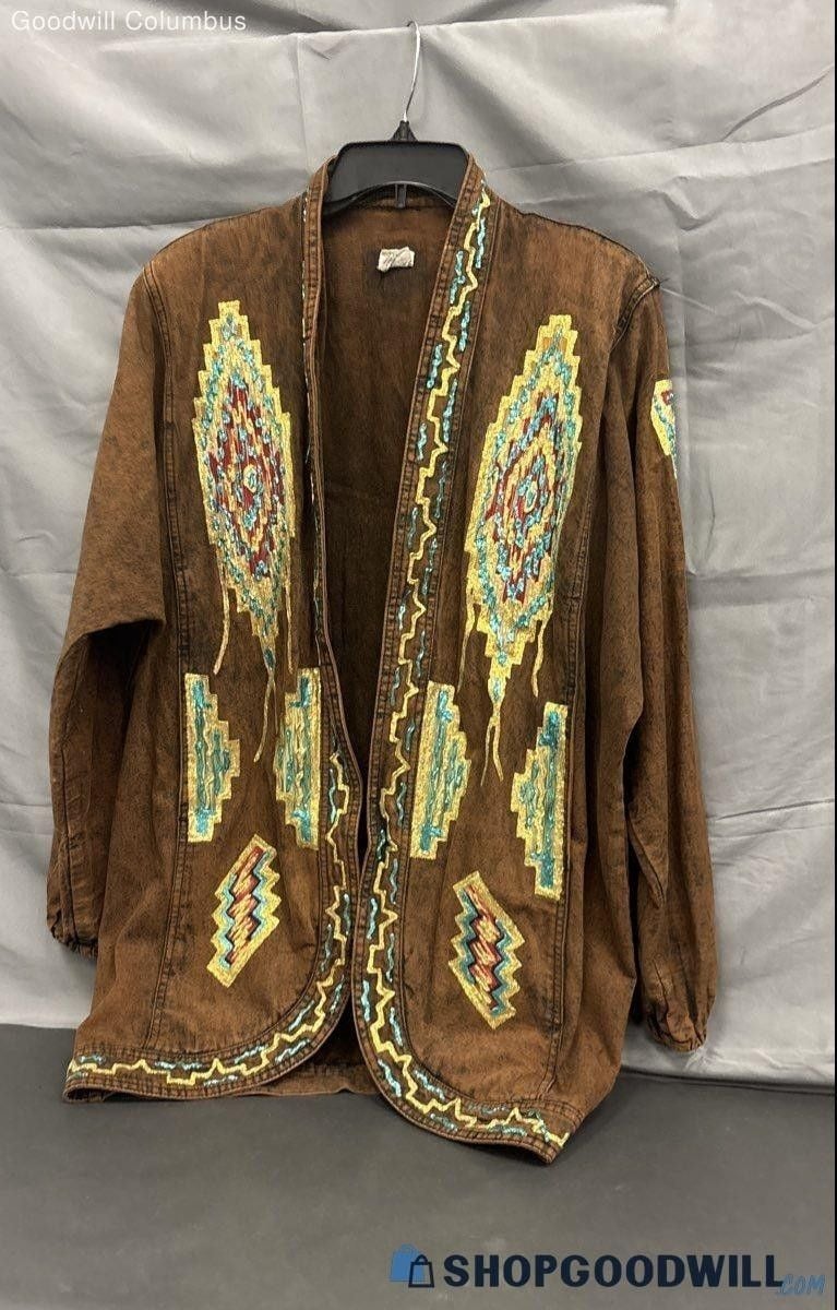 VTG 80s Sundance Style Denim Jacket Brown Southwestern Aztec Puff Paint Open 2