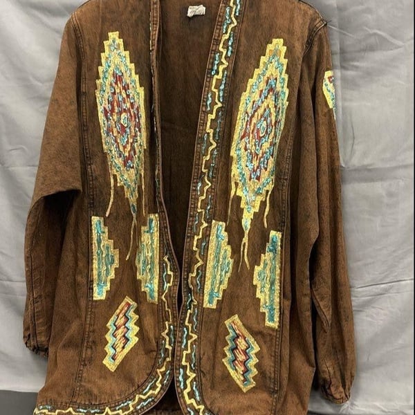 VTG 80s Sundance Style Denim Jacket Brown Southwestern Aztec Puff Paint Open