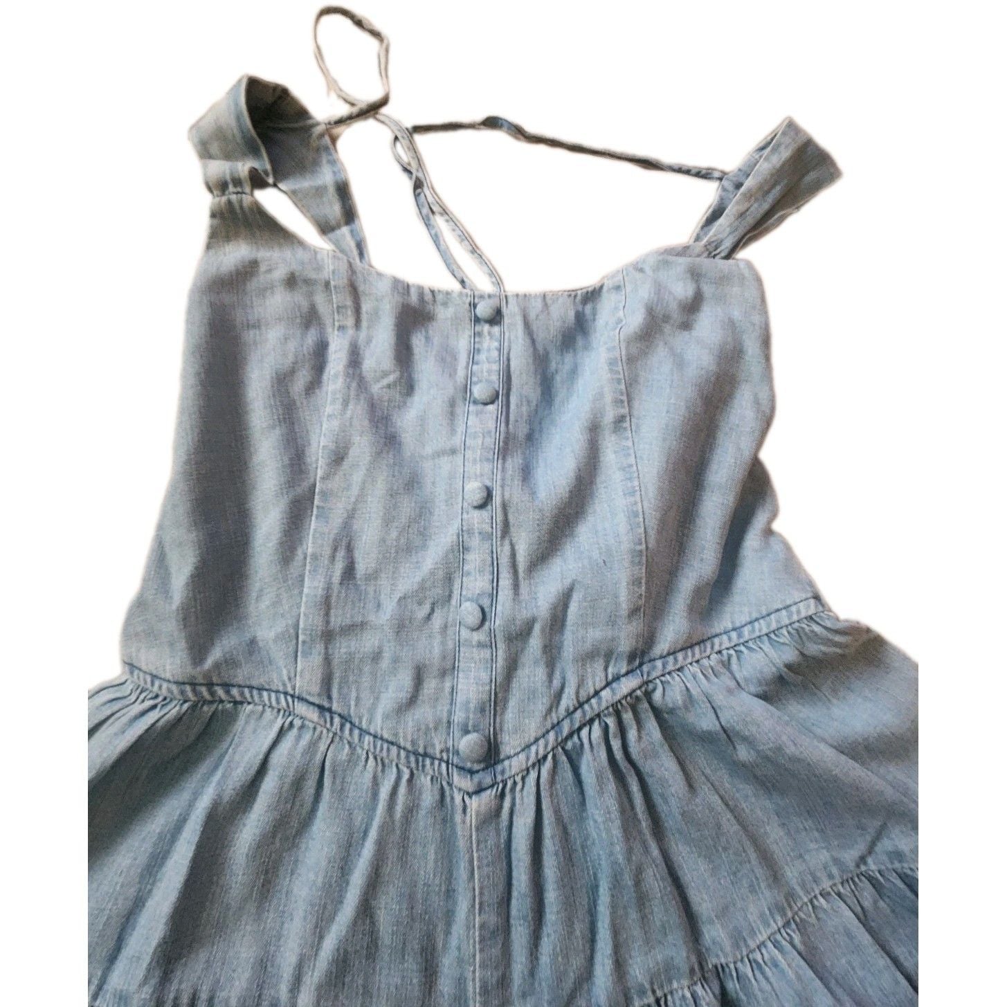 Billy T Women’s Blue Denim Flutter Smocked Romper S Regular Square Neck Button 4
