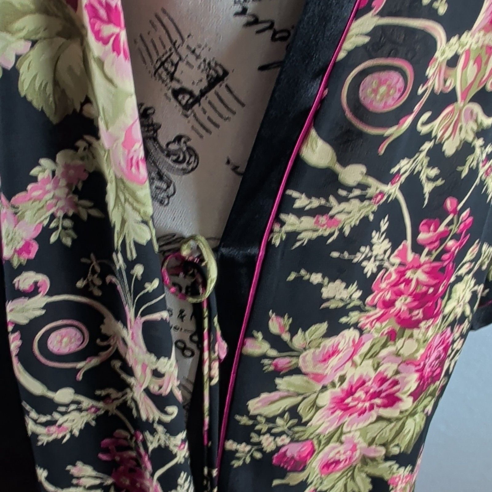 Oscar de la Renta Pink Label Floral Bird Kimono Robe Satin Look Black L XL Poly 12