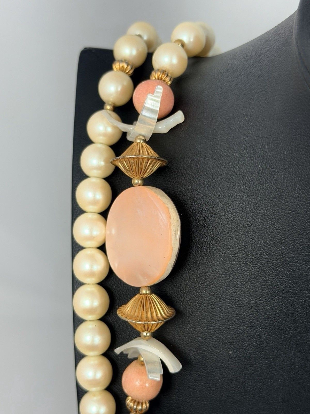 Vtg Mother Of Pearl Carved Bird Statement Necklace Faux Pearl Coral Multi Strand 5