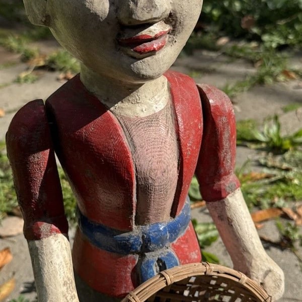 Antique Carved Wood Mechanical Folk Art Figure Rice Winnower Asian Art