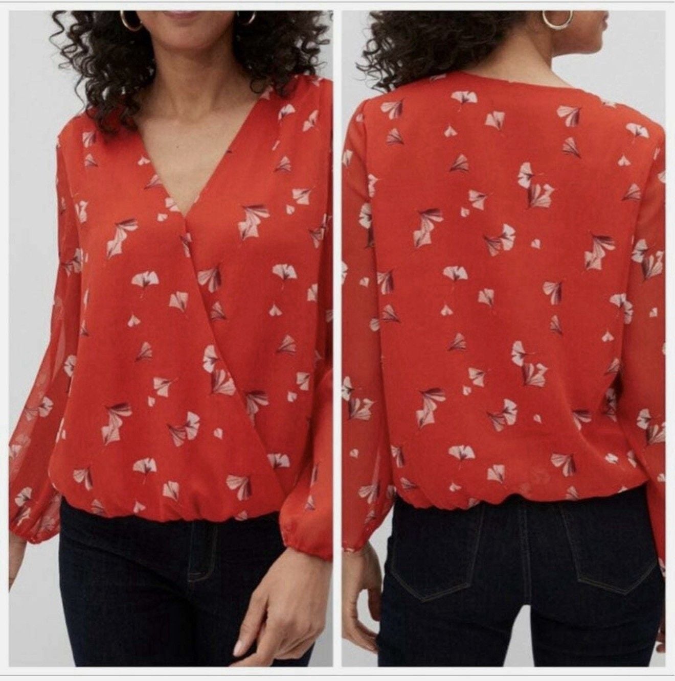 Banana Republic Red Floral Chiffon Pleated V-Neck Long Sleeve Blouse Size L 5