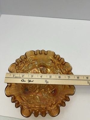Vintage Imperial Glass Open Rose Marigold Carnival Glass 3 footed bowl 4
