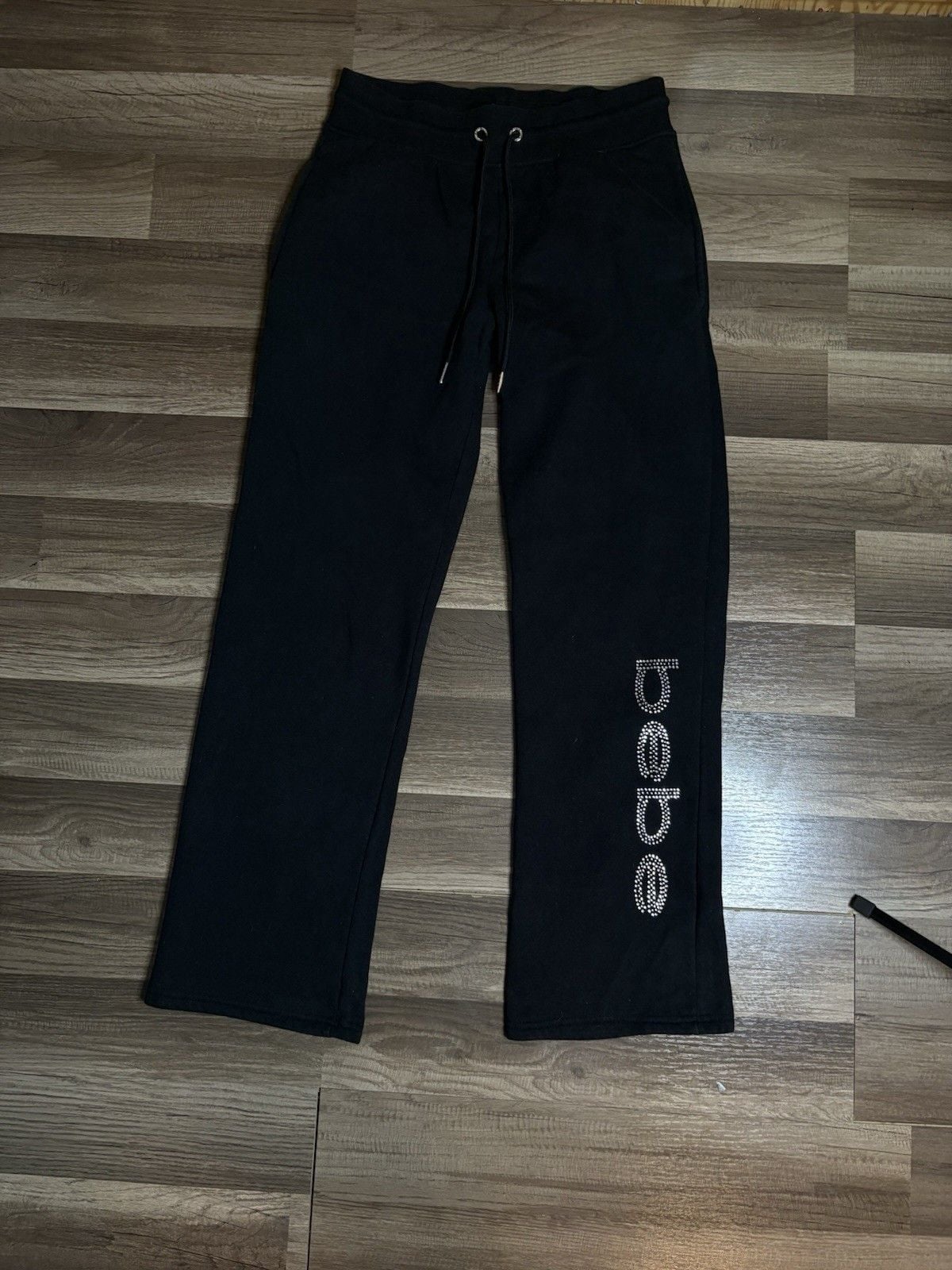 Bebe Black Rhinestone Logo Joggers Open Bottom Women's Size Medium 2