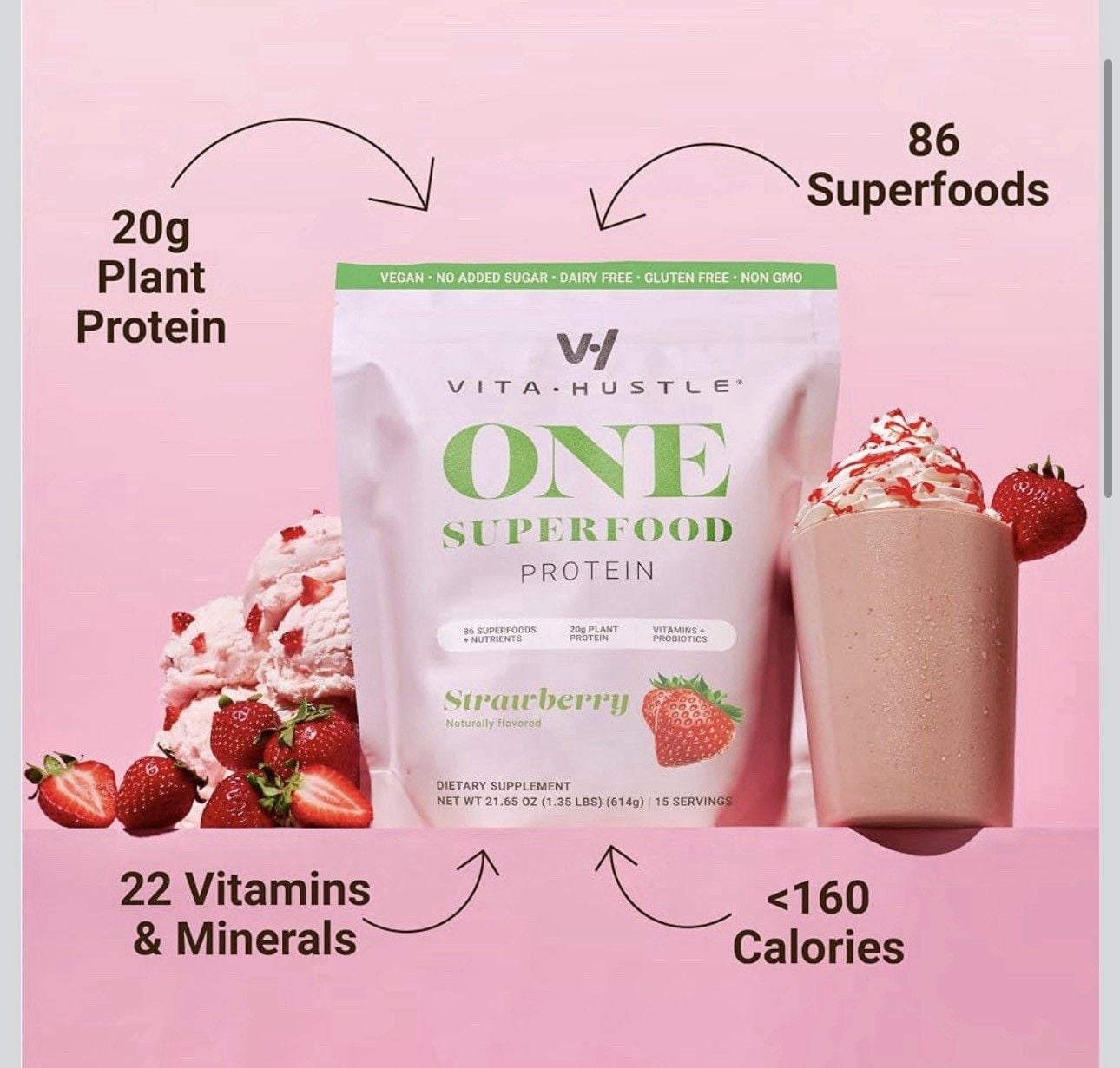 VitaHustle ONE Vegan Protein Powder Strawberry Flavor 3