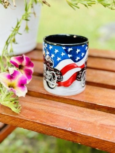 VTG NOS Great Gift For Bikers Coffee Mug With Motorcycle & The American Flag 4”T 5