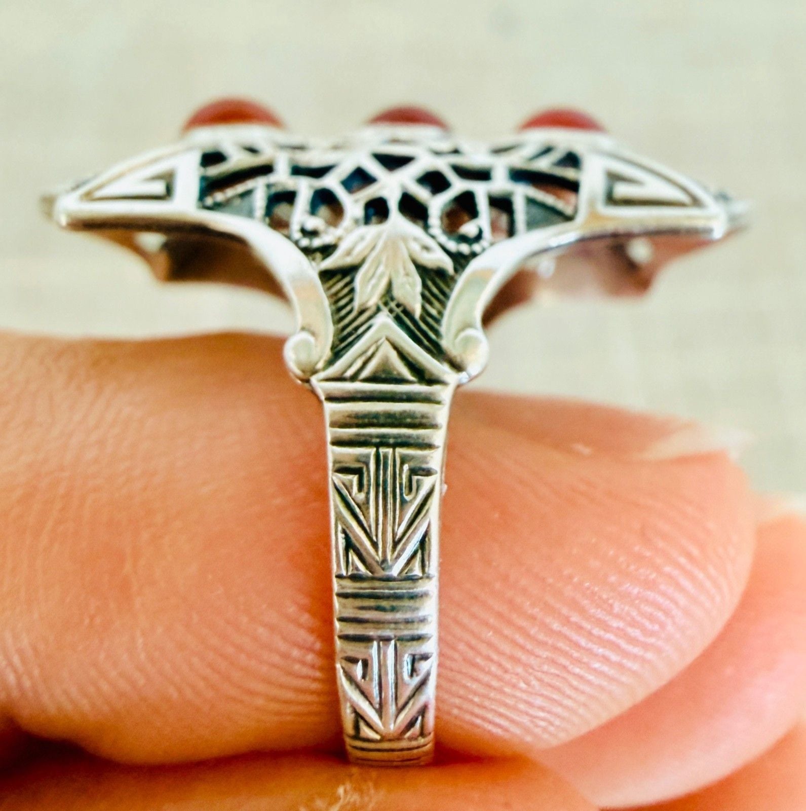Antique Art Deco Sterling Silver Filigree 3-Stone Carnelian Glass Ring Size 6 8