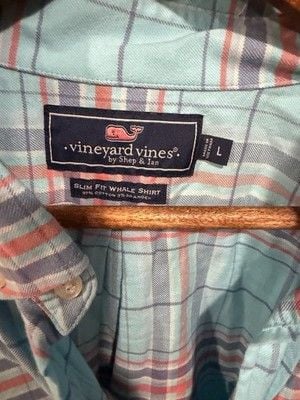 Vineyard Vines Mens Large L Tucker Plaid Button Down Shirt Blue Pink Whale 4