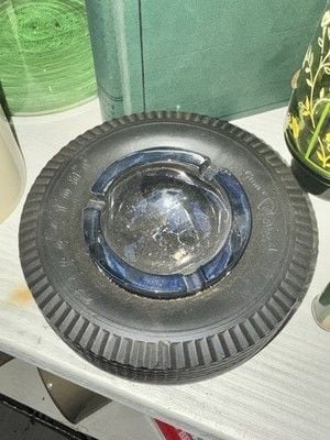 Vintage Firestone Transport 100 tubeless Rubber Tire with Glass Embossed Ashtray 2