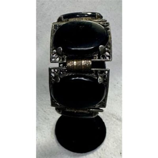 Park Lane Vintage Black Glass Cabochon Silver Tone Charm Bracelet