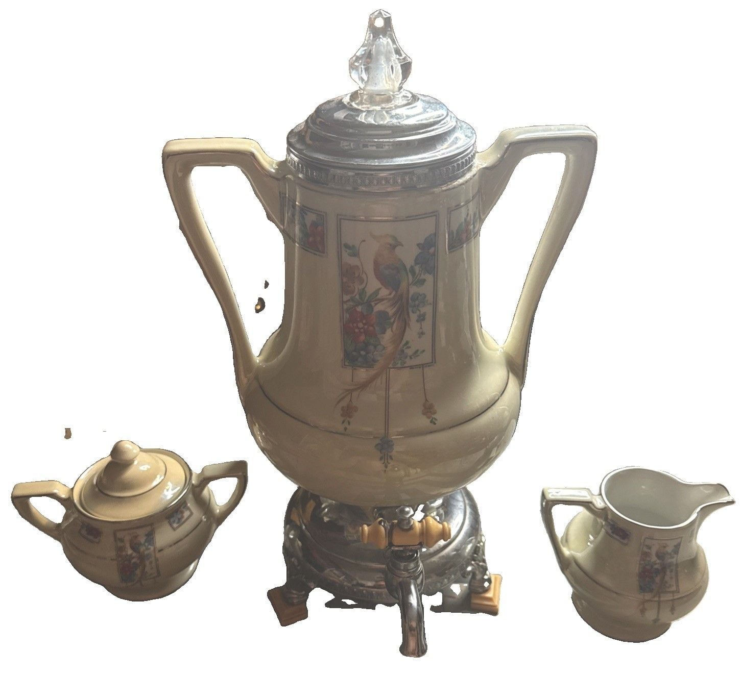 Robeson Rochester Electric Ceramic Coffee Pot Bird Pattern Metal Base w/ Lid 1