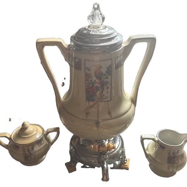 Robeson Rochester Electric Ceramic Coffee Pot Bird Pattern Metal Base w/ Lid