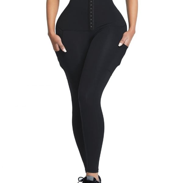 Black Shape Leggings High Waist 3 Hooks Pockets Basic Shaping