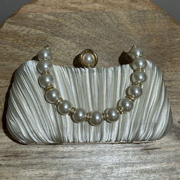 Clutch Purse Satin Pearl Evening Bag Handbag Chain Strap Shoulder Bag Champange