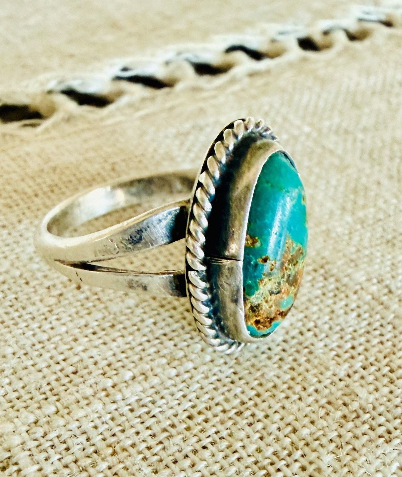 Sterling Silver Natural Turquoise Ring Rope Bezel Southwestern Style Size 5.5 11