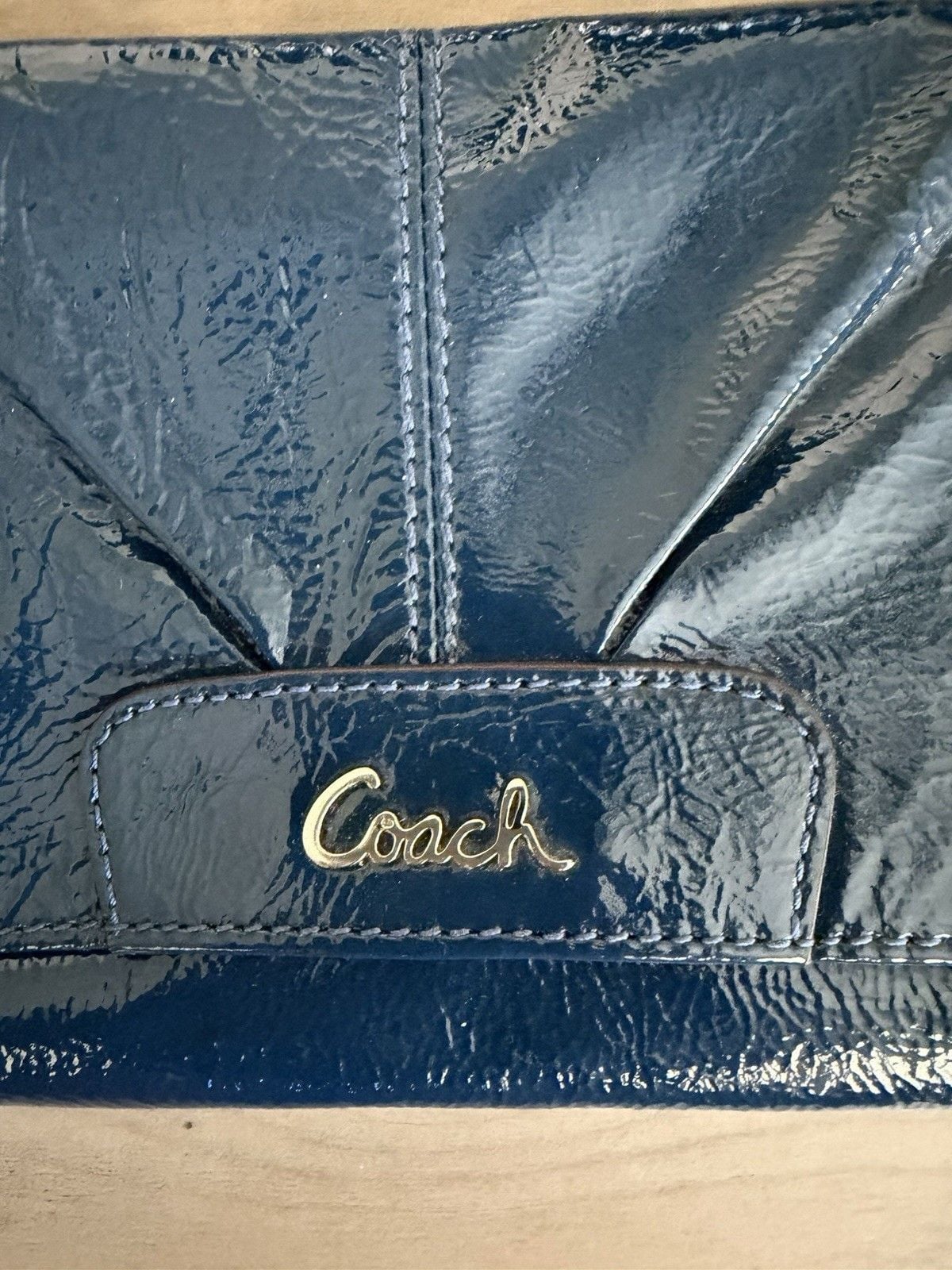 Coach Ashley F49415 Navy Patent Leather Large Flap Wristlet Pleated Gold Logo 4