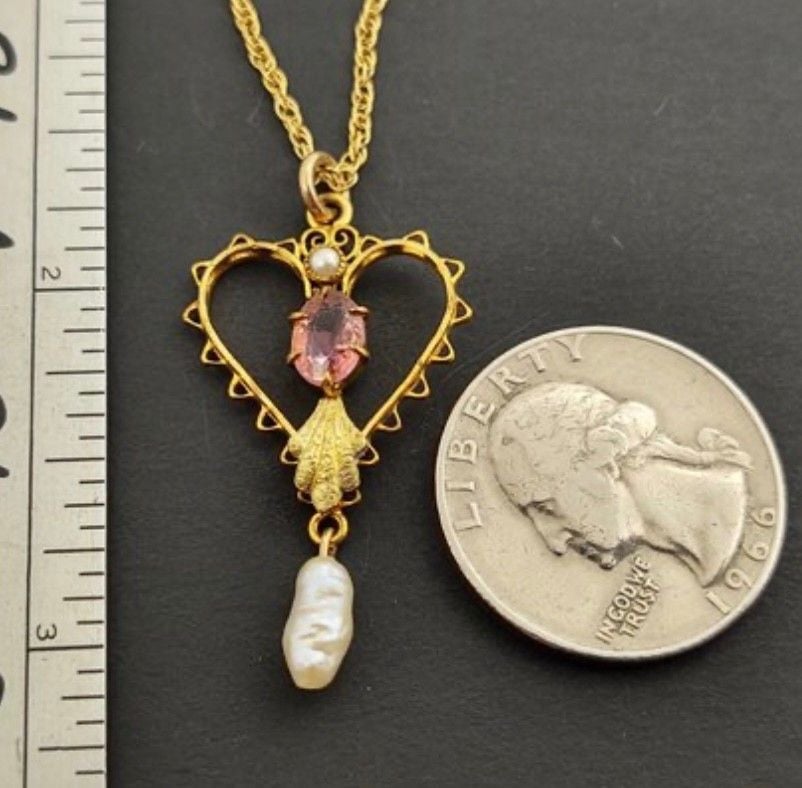 Antique Art Nouveau 12K GF Heart Lavalier Necklace Pink Stone Natural Pearl 3