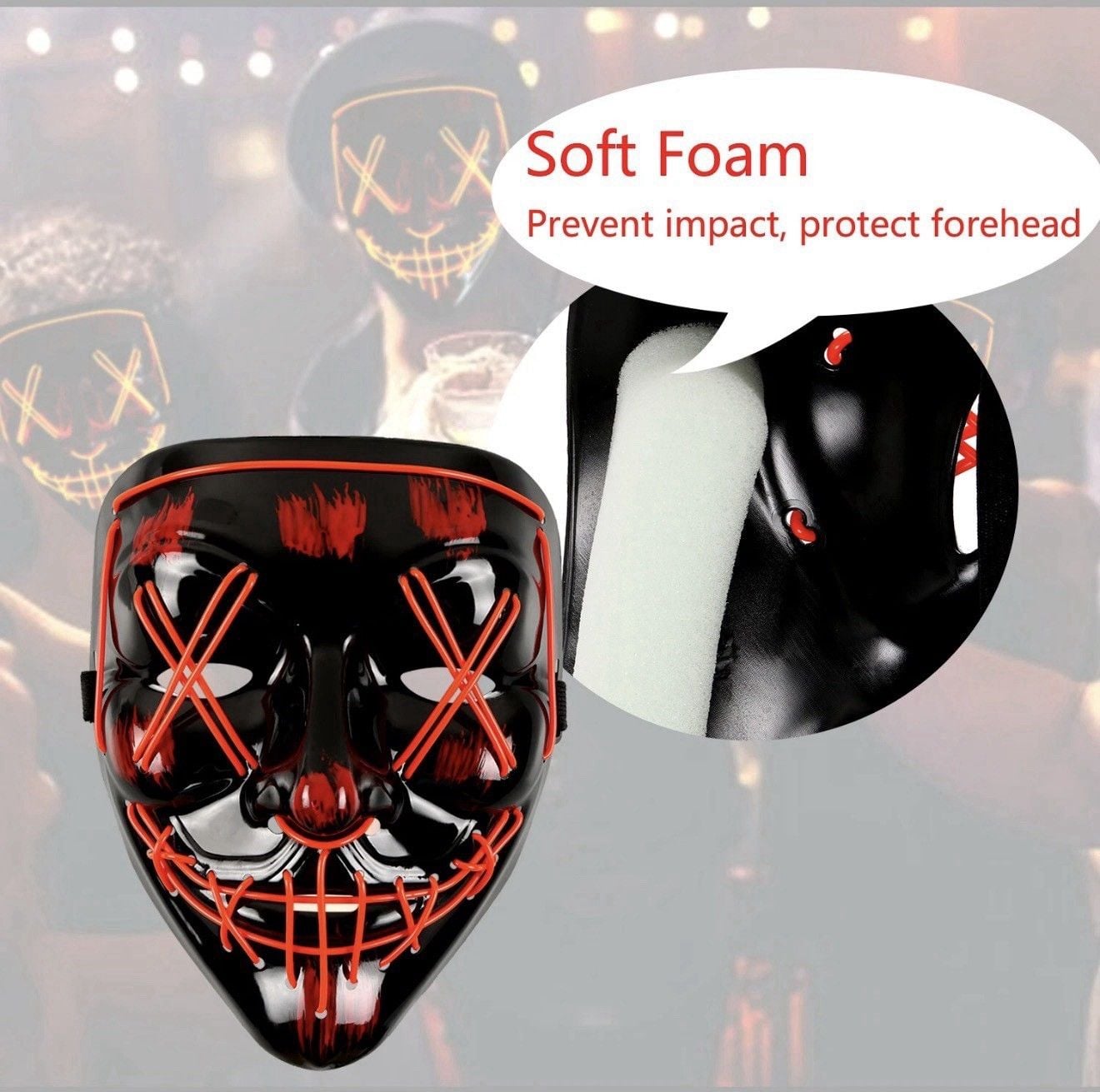 Wireless Neon LED Purge Mask Glow in Dark Cosplay Horror Halloween Party Costume 3