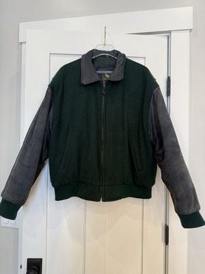 Vintage Field and Stream Bomber Jacket Mens Large Green Wool & Blue Suede 2