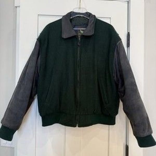 Vintage Field and Stream Bomber Jacket Mens Large Green Wool & Blue Suede