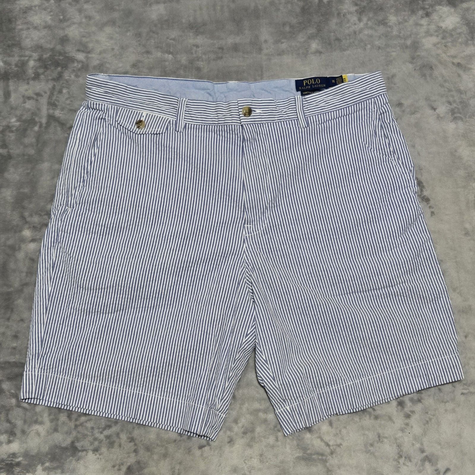 Polo Ralph Lauren Men's Blue and White Striped Seersucker Short Flat Front Sz 35 2